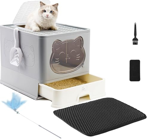 HelloMiao Vollständig Geschlossene Indoor-Katzentoilette mit Deckel Geruchsneutralisierendes Katzenklo in Groß, Cat Litter Box Schubladensystem & Klappbar mit Praktischer Katzenstreuschaufel