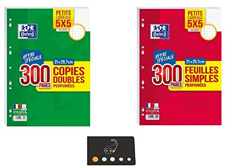 Lot Petits Carreaux 300 Feuilles Simples + 300 Copies Doubles Perforées + 1 Index Adhésif Blumie