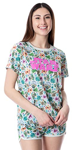 Star Wars Women's The Mandalorian The Child Sleep Pajama Set Short (Small) White