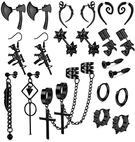 Kakonia Ohrringe für Herren Schwarze Ohrringe für Damen Herren Edelstahl Punk Ohrringe Schwarzer Ohrstecker Hinged Creolen Kreuz Ohrringe Goth Y2k Schwarzes Ohrringe Set für Unisex