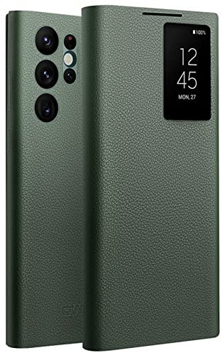qichenlu Intelligenter Window Echtleder Klapphülle für Samsung Galaxy S22 Ultra | Magnetisches Sichtfenster & Anrufsteuerung | Auto Schlaf-Wach Funktion,Grün