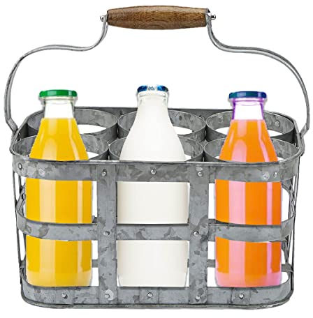 Almineez Galvanised Nostalgia 6 Milk Bottle Holder Metal Wire Tidy Farmhouse Crate Rack Carry Carrier Doorstep Store Drink Beer Wine Kitchen Storage Organiser Holder Caddy with Integrated Handle