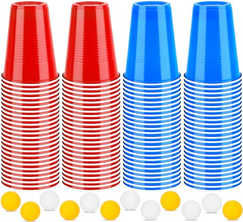 Frasheng réutilisables Tasse de bière Pong,100 Tasses(50 rouge + 50 bleu) et 12 balles,Jeux à Boire Gobelets en Plastique, gobelets de fête, 16oz/450ml