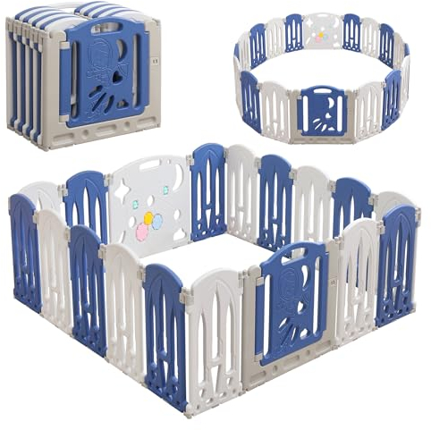 YRHome Laufstall Baby Laufgitter Baby mit Tür und Spielzeugboard Sicherheits-Aktivitätszentrum Klappbar Babyzaun Schutzgitter Krabbelgitter kunststoff für drinnen oder draußen, Blau & weiß, 18 Paneele