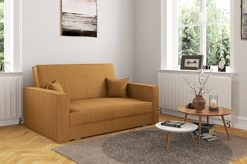 Kaiser Möbel - Sofa mit Schlaffunktion und Bettkasten, Sofa 2-sitzer, Schlafsofa mit Bettzeugbehälter, Klappsofa, Bettsofa, Bequemes Couch für Wohnzimmer und Schlafzimmer, Cordstoff, America, Senf