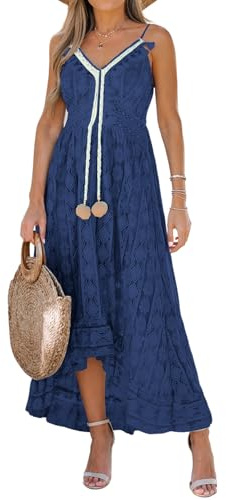 Cupshe - Robe d'été sans manches en dentelle, décontractée, à pompons et bretelles spaghetti, pour femme, bleu royal, XX-Large