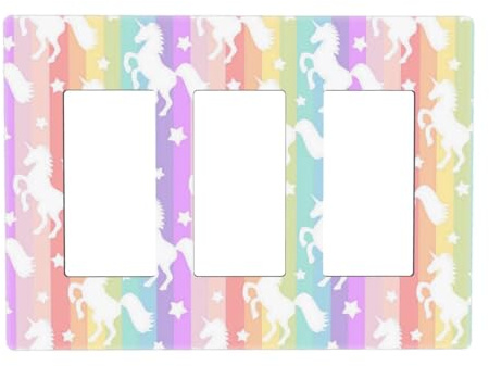 Farbenfroher 3-Gang-Wippschalter/Dekorateur für Kinder, Mädchen, Regenbogen-Einhorn, 3-Gang, Lichtschalter, Wandplatte, dekorative GFCI-elektrische Frontplatte, Schalterplatte, Dimmer