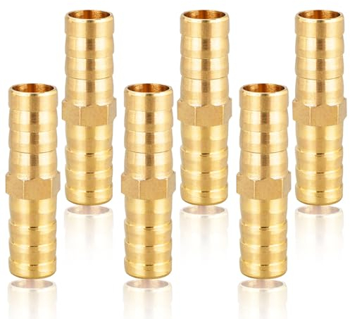 Schlauchverbinder 10mm Messing, 6 Stück Messing Schlauch Anschluss 10mm(3/8), gerader Widerhaken Verbinder Schlauchtülle Tüllenverbinder Gewindefitting Messingfittings