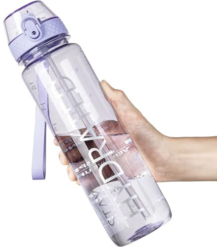 OLDLEY 1L Sports Water Bottle with Straw, Tritan 1 Litre Motivational Drink Bottle, BPA Free Leakproof Transparent Water Bottle with Time Marker for Cycling, School, Gym, Outdoor (Purple)