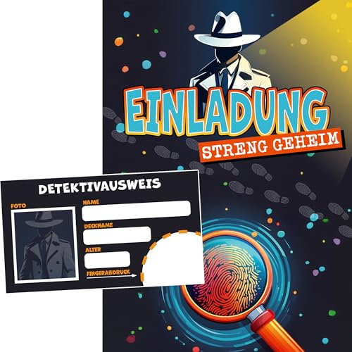 Moosthaler 12x Detektiv Geburtstag Einladungskarten mit Detektivausweis - Coole Spion Einladungskarten Kindergeburtstag Junge - Einladung Polizei Kindergeburtstag - Kindergeburtstag Detektiv
