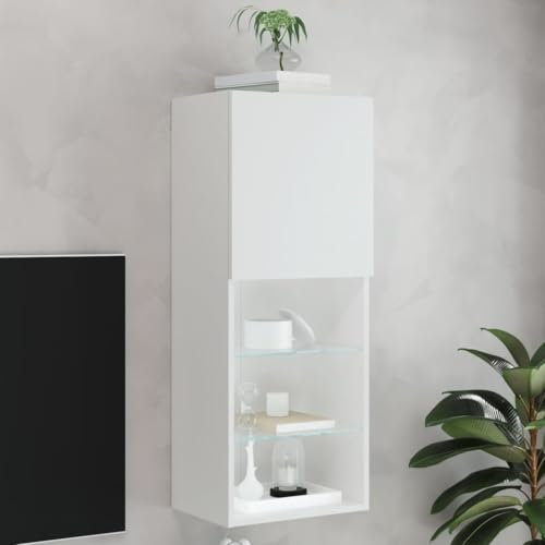 Homgoday TV Stand with White LED Lights 40.5 x 30 x 102 cm, Hanging TV Cabinet with Compartment with Door and Shelves, Wall Mounted Floating TV Unit for Living Room, Bedroom