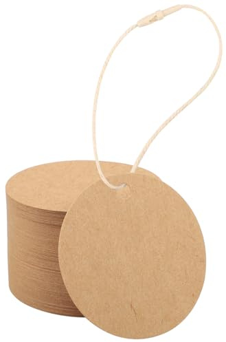 EUSOAR Etiketten Kraftpapier Anhänger, 200STK Braun Geschenkanhänger Rund | 300GSM Gift Tags Blanko, 6cm Etikettenpapier mit Beige Baumwollkordel, Etiketten Anhänger zum Beschriften