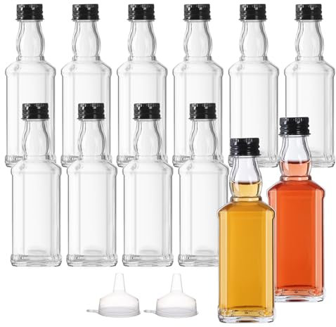 YBCPACK 100ml 12 Pack Mini Glass Alcohol Bottles, Reusable Small Glass Shot Bottles with Screw Caps,4 Funnels for Wine, Spirit, Empty Miniature Liquor Bottle for Wedding Favours, Party Favors