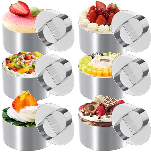 6 Edelstahl Runde Servierringe Ø8cm mit Pusher,Dessertringe Speiseringe Set,Klein Tortenring Mousseringe, Anrichteringe Backring,Mousse Schablonen für Kochen Backen Kuchen Desserts Brot Keksen Pudding