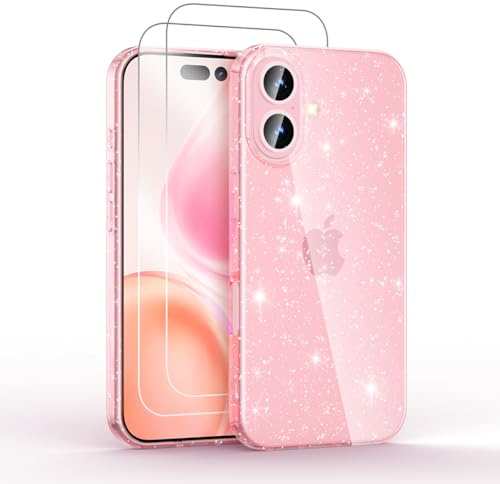 Noyabox for iPhone 16 Clear Glitter Case with 2 Screen Protectors, Sparkling Soft Transparent TPU Bumper Scratch-Resistant for Women and Girls, Pink