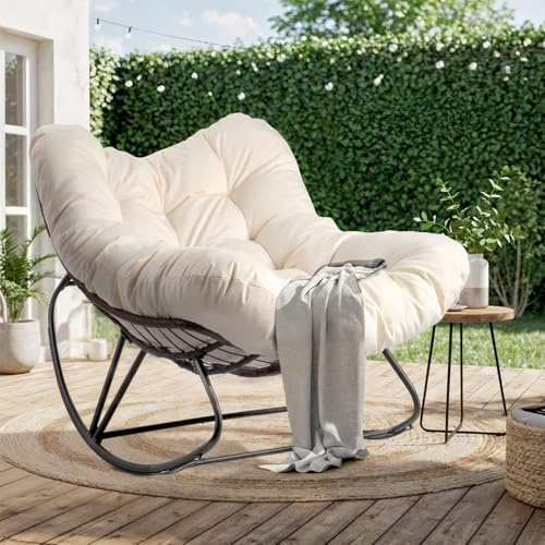 VINGLI Papasan Rocking Chair, Iron Frame Wicker Patio Chair with Thick Cushion, Indoor Outdoor Rocker for Bedroom, Porch, Garden, Beige