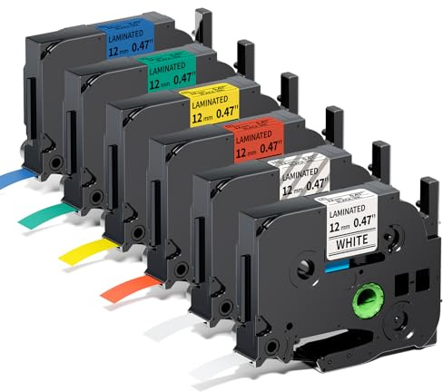 Upwinning with Brother Label Printer Tape 12mmx 8m, 6 Colors | Compatible with Brother P-touch Label Tape 12mm, White Clear Blue Yellow Green Red, for H110 E110 H100R H108 H101C H200 1000