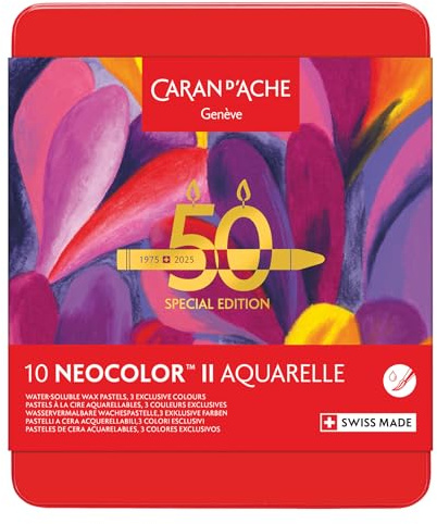 Caran d'Ache Neocolor II Wasserlösliche Wachspastelle 50 Jahre Special Edition - Pop - Dose mit 10 Farben, Kunstmalstifte, Kunstliebhaber-Geschenk, Kunstset Essentials, Pastellfarben, Ausmalen