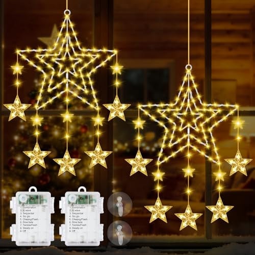 Herefun Weihnachtsstern Beleuchtet Fensterdeko, 2 Stück 94 LED Stern Fenster Beleuchtet Batteriebetriebene, Eiserner Weihnachtsdeko Stern Lichterketten Wasserdicht Für Aussen Innen Balkon Baum Deko
