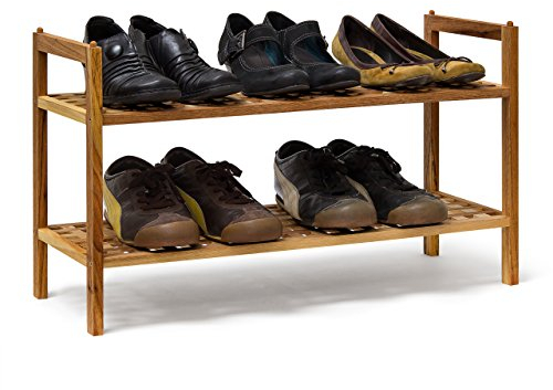 Relaxdays 5 x Schuhregal Walnuss im Set, Schuhaufbewahrung stapelbar, Schuhablage mit je 2 Etagen, offen, je 6 Paar Schuhe, Natur