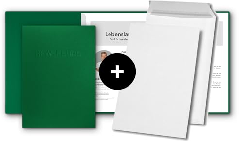 5 Stück 3-teilige Bewerbungsmappen favorit Blattgrün mit 2 Klemmschienen - inkl. 5 Versandtaschen - sehr stabiler 350 g/m² Naturkarton mit Relief-Prägung BEWERBUNG - STRATAG Mappenmanufaktur