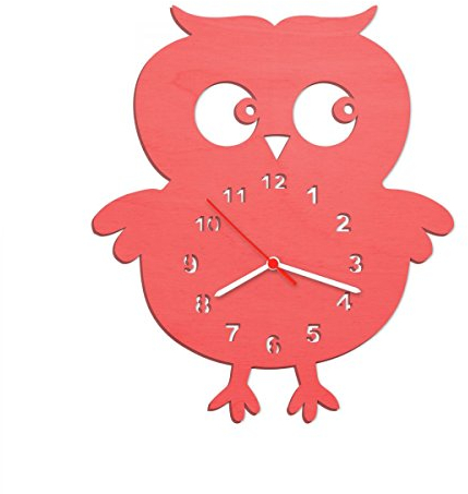 GRAVURZEILE Kinder Wanduhr aus Holz im Eulen Design für Mädchen & Jungen Kein Ticken Lautloses Uhrwerk 30 cm Groß in 5 Farben erhältlich Made in Germany Farbe Rot