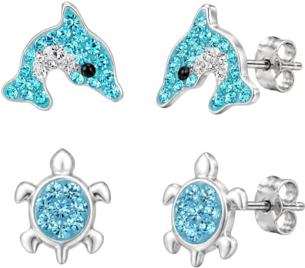 FIVE-D Kinder Ohrringe – Delfin Schildkröte 925 Silber - Hochwertige Mädchen Ohrstecker – Geschenk Set Kinderschmuck