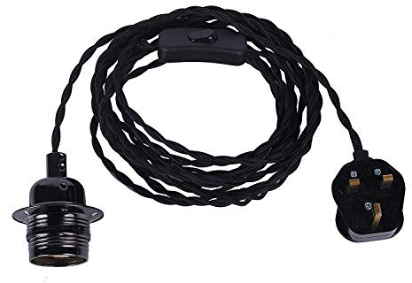 JING Vintage Pendant Light Fitting With Plug-In,4.5 Meters Braided Twisted Fabric Cable Plug With In-Line On/Off Switch,E27 Screw Lamp Holder, Industrial Style Hanging Light Fitting Kit-LAN05-BLK