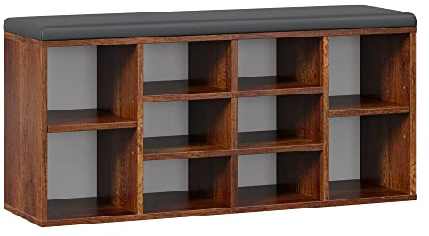 RICOO Schuhbank mit Sitzfläche & Stauraum 104x49x30cm Pressholz Eiche Dunkel, Schuhregal mit Sitzkissen WM033-EC-A, Schuhschrank mit Sitzbank Bank mit Schuhablage Garderobenbank Sitzbänke & Truhen