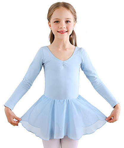 Bezioner Kinder Ballettkleidung Mädchen Ballettkleid Langarm Balletttrikot Ballettanzug Tanzkleid Tanzbody aus Baumwolle mit Chiffon Rock Tütü Blau 120