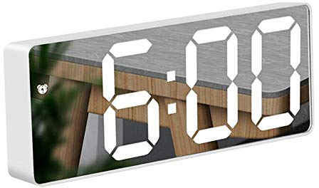 RMFC LED Digital Mirror Alarm Clock with Temperature & Date Calendar for Bedside, Bedroom, Office, Snooze, Adjustable Brightness, Voice Control Night Mode (White)