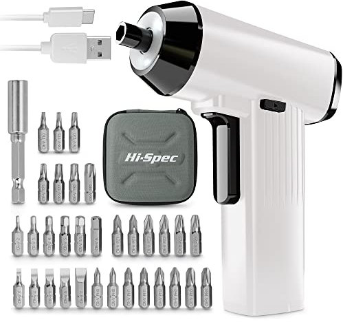 Hi-Spec 34pc White 3.6V Rechargeable Electric Screwdriver with USB Charging LED Light Li-on Battery and Bit Set. Cordless Screwdriver Household Repairs & Assembly