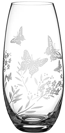 DIAMANTE 'Butterfly' Vase - Hand Etched Butterfly Wild Flowers Floral Pattern Barrel Vase - 25cm Clear