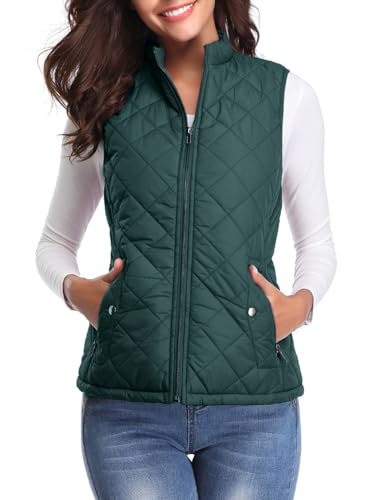 fuinloth Women's Quilted Gilet, Lightweight Body Warmer Padded Outdoor Vest Sleeveless Jacket Forest Green X-Large