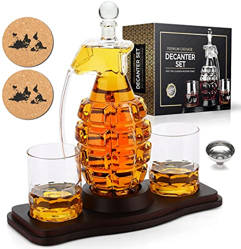 Whisky Dekanter Set - Bombenförmige Whisky Dekanter und 2 Whiskygläser mit Holzhalter - Scotch Bourbon Liquor Trinkgeschenk für Männer Papa Ehemann Freund Jubiläum Geburtstag
