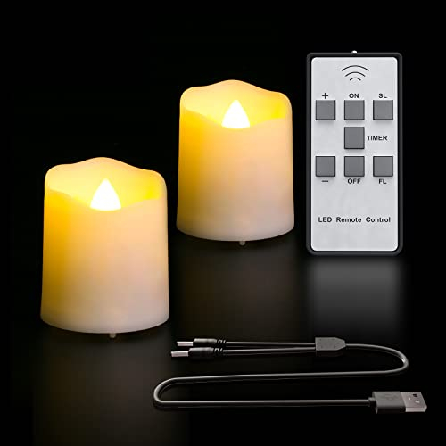 PChero Wiederaufladbar LED Kerzen, 2 Stück Flammenlose Flackernde Kerzen mit Timer, Fernbedienung, USB Ladekabel für Halloween Weihnachten Hochzeit Geburtstag Party Heimat Dekoration