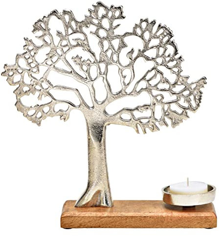Wurm 1 Kerzenhalter Baum auf Mangoholz Sockel aus Metall Silber (B/H/T) 31x33x8cm