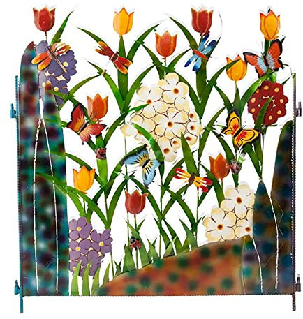 LEMCC Metall-Gartenzaun mit bunten Blumen, 27 x 30 cm, Gartenblumenstecker mit grünen Blättern, Gartendraht-Umrandung für Garten, Blumenbeet, Terrasse, Rasen