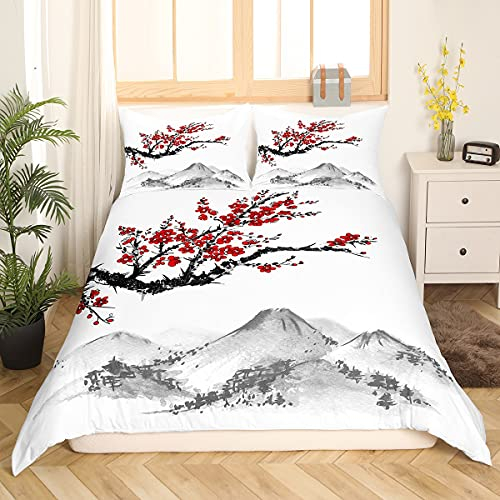 Homewish Japanischen Stil Bettwäsche Set 135 x 200 Mädchen Rote Kirschblüten Bettbezug Erwachsene Frauen Mädchen Berg Fuji Muster Bettbezug Tuschemalerei Schwarz Weiß Stilvolle Einfache Bettwäsche