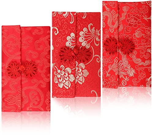 3 Pièces Enveloppes Rouges Chinoises en Soie Poche d'argent Chanceuse Brodée Enveloppe Porte-Bonheur Chinoise de Dragon Phénix Pivoine Enveloppe d'argent du Nouvel an pour Emballage Cadeau