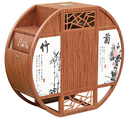 Poubelle d'extérieur grande Corbeille de tri extérieure de style chinois de style chinois double-tonneau de récipient de gaspillage en forme de forme ronde imitation de bois de bois avec rebond bec co