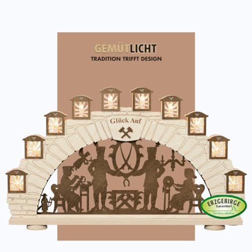 weigla - Schwibbogen original Erzgebirge I Lichterbogen Weihnachten I Motiv Erzgebirge I 10 Lampenkerzen + 1 Ersatzlampe I 10 x 23 V, 3 W, E10 I beleuchtete Weihnachtsdeko innen I aus Holz