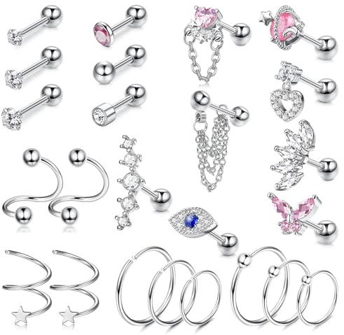 KALVICA 24 Stück Helix Piercings Chirurgenstahl Knorpel Ohrstecker Damen Tragus Conch Piercing Ohr CZ Ohrringe Set Nasenpiercing 16G Gold Silber Rose Glod