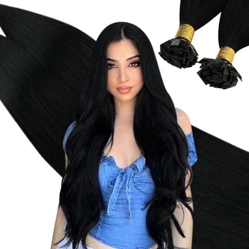Ugeat Bondings Extensions Echthaar Schwarz 40 cm Natürlich Flat Tip Extensions Echthaar Keratin Bondings Schwarz 1 Glatt 50g für Reisen 50 Strähnen