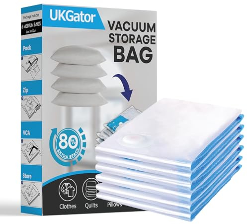 Vacuum Storage Bags - Pack of 6 Medium (70x50cm) Reusable Clothes Storage Bags, 80% Space Saver for Duvets, Bedding, Pillows, Dresses, Suitcases