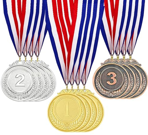 Fhioevt 12 Pièces Medaille Or Argent Bronze Medailles Olympiades Medaille Enfant en Métal Médailles Enfants avec Rubans de Cou pour Compétitions de Jeux,Anniversaire,Sport