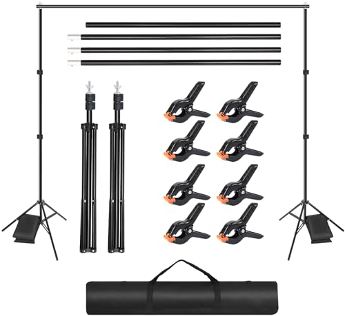 Hintergrund Ständer Verstellbarer Hintergrundsystem 2,1 x 3 m, Hintergrundgestell mit 8 Stück Hintergrundklemmen, 2 Sandsäcken und Tragetasche für Produktfotografie, Portrait, Party, Hochzeit