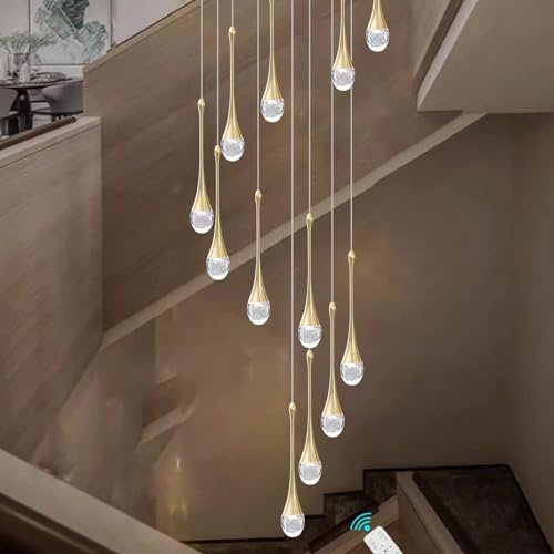 LáMpara De ArañA De Cristal Con Forma De Gota De Lluvia En Espiral Dorada,LáMpara Colgante De Escalera Led Regulable Moderna,Lamparas Techo Colgantes De 12 Luces Para La Villa,Escaleras,VestíBulos