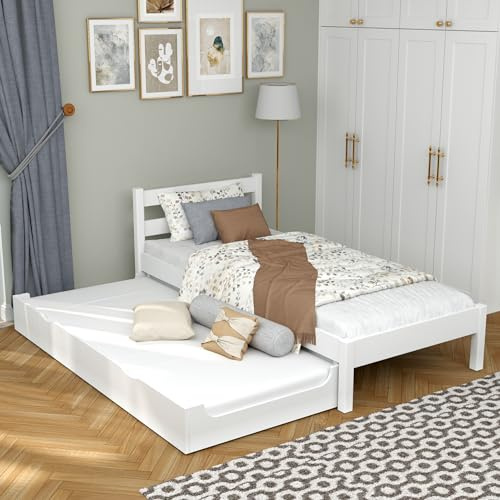N-wood N01 Bett 80x190 cm mit Schublade aus Holz, Doppelbettfunktion, Bettgestel mit lattenrost, Einzelbett für Kinder, Jugendliche und Erwachsene, sichere abgerundete Kanten, Weiß