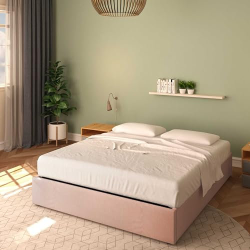 Baldiflex Letto Matrimoniale con Contenitore Modello Cloe in Tessuto, Senza testiera, Rete a Doghe, per Materassi 160x190 cm, Colore Rosa Antico